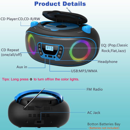 Kaasaskantav stereo CD-mängija boombox FM-raadio, Bluetoothi, CD-R/CD-RW/MP3/WMA taasesituse, USB-pordi, AUX-sisendiga ja kõrvaklapipesaga