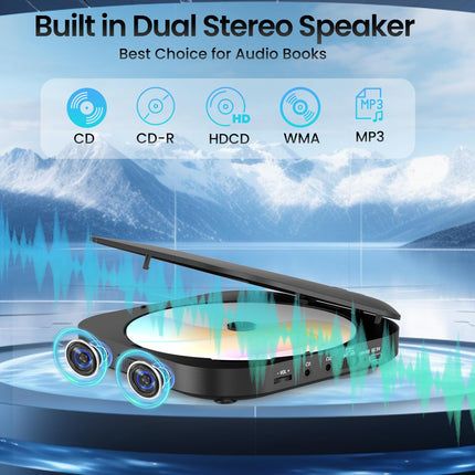 Portable CD Player with Bluetooth, NEW Rechargeable Discman CD Player for Car with FM, Two Stereo Speakers, Anti-Skip, Two Headphone Jacks, for Gift, Home