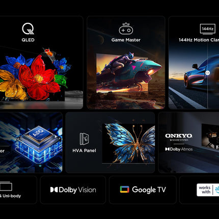 TCL 75T8C 75-tolline QLED 4K HDR UHD-teler, nutikas Google TV Dolby Vision ja Atmos, 144 Hz Motion Clarity Pro, FreeSync, Onkyo 2.1 heli, hääljuhtimine, ühildub Google Assistantiga