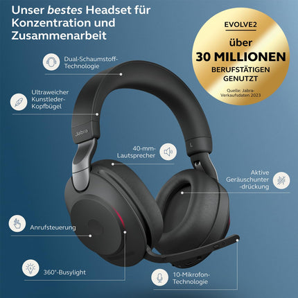 Jabra Evolve2 85 juhtmevabad arvutipeakomplektid – mürasummutavad Microsoft Teamsi sertifitseeritud stereokõrvaklapid pika tööeaga akuga – USB-A Bluetooth-adapter – must