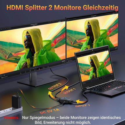 KiWiBiRD HDMI jaotur 1 sisse 2 väljundit HDMI jaotur 2 monitori samaaegselt paljundaja kaks monitori 4K 3D 2160p 1440p 1080p HDCP, ühildub PS5 teleri, televisiooni, mänguarvuti, sülearvuti, projektoriga