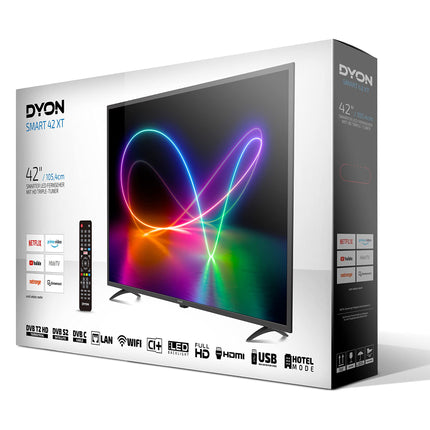 DYON Smart 42 XT - 105 cm (42-tolline) televiisor (Full HD nutiteler, HD kolmekordne tuuner (DVB-C/-S2/-T2), Prime Video, Netflix ja HbbTV)
