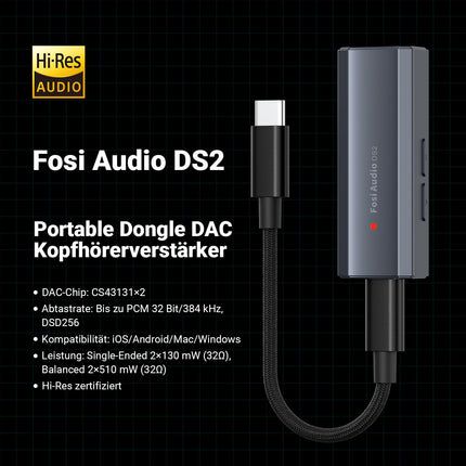 Fosi Audio DS2 USB-C-AUX kõrvaklapivõimendi DAC-dongle 3,5 mm pistikuga heliadapter kaasaskantav võimendi kahe väljundiga DSD256 4,4 mm tasakaalustatud kõrgresolutsiooniga CS43131 kiip iPhone'ile, iPadile