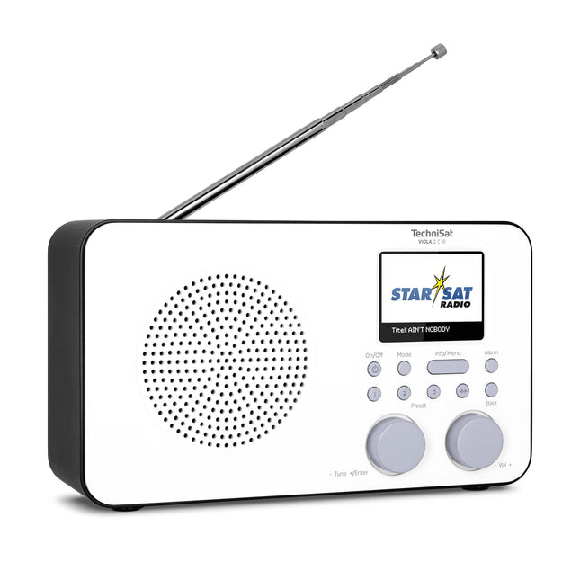 TechniSat VIOLA 2 C IR - kaasaskantav internetiraadio (DAB+, FM, Wi-Fi, 2,4-tolline värviline ekraan, kõrvaklapipesa, äratuskell, unetaimer, 3 vatti RMS, aku, toiteplokk) valge