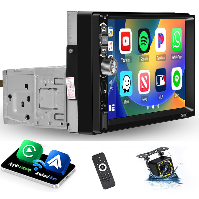 Hikity Car Radio Wireless CarPlay Android Auto 1 Din Radio with Screen 7 Inch Touch Display Car Radio with Bluetooth Handsfree FM USB AUX TF Rear View Camera