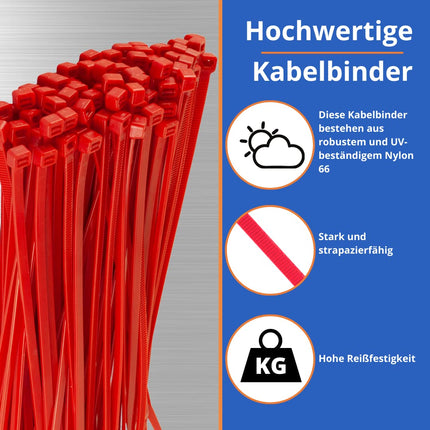 Gocableties cable ties 300 mm x 4.8 mm, high-quality, sturdy, nylon, red, green, blue and yellow, 200 pieces, multi-coloured