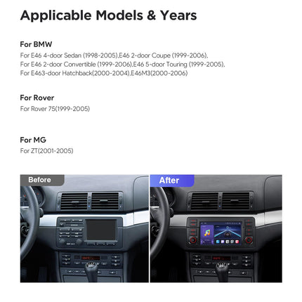 XTRONS 7-tolline QLED IPS Android 14 autoraadio Qualcomm 665 Octa Core 8GB 256GB sisseehitatud 4G LTE automäng Android Auto HDMI väljund WiFi GPS Bluetooth 5.0 valikuline DAB OBD BMW E46 Rover 75 ZT jaoks