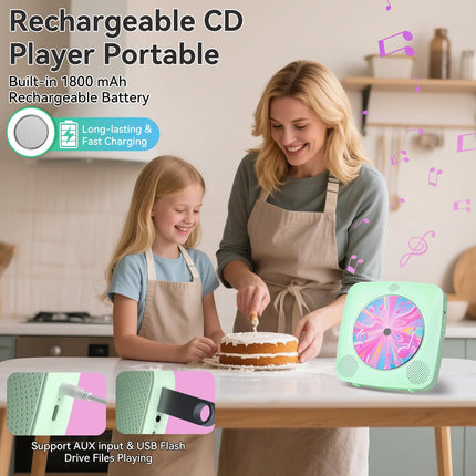 Raadio CD-mängijaga lastele: Kegaudio kaasaskantavad CD-mängijad Bluetooth-kõlariga, esipaneeliga, kaugjuhtimispuldiga, taimeriga, USB-taasesitusega, AUX-taasesitusega, roheline