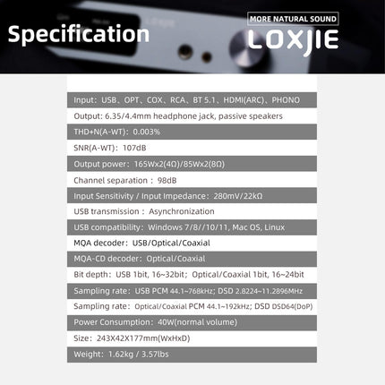 LOXJIE A40 165W x 2 digitaalne võimsusvõimendi, kõrvaklapivõimendi, DSD256 dekodeerimine, BT 5.1, optilised I2S HDMI ARC fono sisendid ja subwooferi väljund ning kaugjuhtimispult