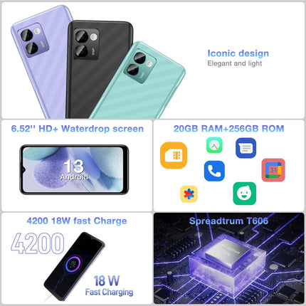 DOOGEE N50 Pro lukustamata nutitelefon [2024. aasta väljalase], 20 GB RAM 256 GB ROM (1 TB TF-kaart), Android 13 nutitelefon, 6,52" HD+ lukustamata nutitelefon, kaheksatuumaline, 50MP+8MP, 4G kahe SIM-kaardi/näotuvastuse/sõrmejäljelugejaga, 4200mAh aku