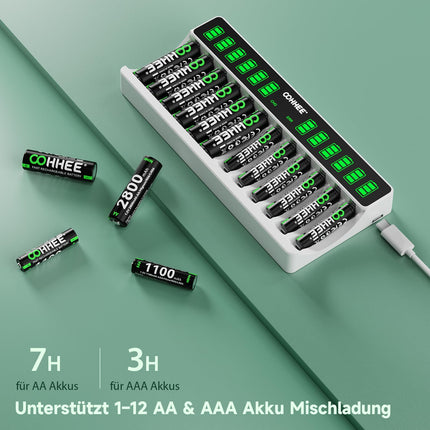 OOHHEE AA AAA laadija, 12 laadimispesaga suure LCD-ekraaniga, akulaadija Mignon AA, Micro AAA NI-MH laetavatele akudele