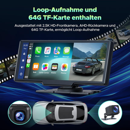 LAMTTO juhtmevaba CarPlay Android Auto, 9,26-tolline kaasaskantav autostereo 2.5K+1080P armatuurlauaga ees ja taga, CarPlay ekraan autole 64G TF, Bluetooth, navigatsioon, Mirror Link, Siri/G00gle, AUX/FM