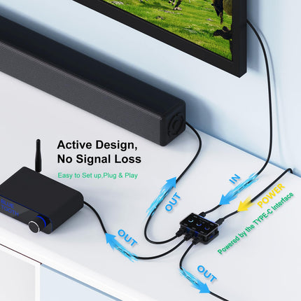 COOIDEA Toslinki jaotur 3:1 optilise audiokaabli adapter sõltumatute kanalilülititega, toetab 192 kHz / 24-bitist LPCM 2.0 DTS Dolby-AC3, ühildub PS3, TV, STB, Xboxiga, sisaldab optilist kaablit