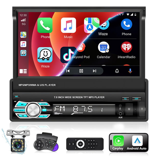 Podofo Car Radio 1 Din with Apple Carplay &amp; Android Auto, 7 Inch Screen Car Radio with Bluetooth Handsfree/FM Radio/SWC/Mirror Link/USB + Rear View Camera