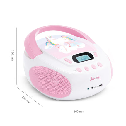 mooov 477407 CD-mängija lastele kõlarite, USB, kõrvaklapipesa ja AUX-IN-pordiga - kaasaskantav Boombox CD-mängija - töötab vooluvõrgust või patareidega - ükssarviku mudel - roosa/valge