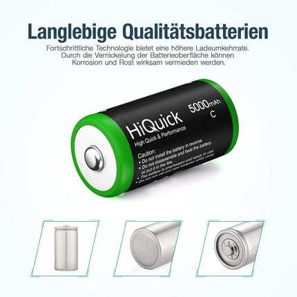 HiQuick Baby C-tüüpi aku, Ni-MH laetav C-tüüpi aku, suure mahutavusega 5000mAh, 1200 tsüklit, 1,2V C-tüüpi aku (4 tk pakis)
