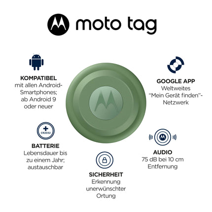 Motorola Moto Tag – nutikas jälgija, 4 tk pakis (Android 9+ ühilduv, Bluetooth 5.4, IP67 veekindlus, USB-C, ülilairibaühendus, võtmete, pagasi jms leidja), 2x jaderoheline + 2x tähevalgussinine