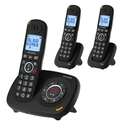 Alcatel XL595 Voice Trio cordless large button phone with THREE handsets and answering machine, extra large landline phone for home with call protection
