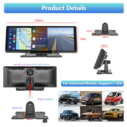 Podofo juhtmevaba Apple Carplay Android Auto kaasaskantav autoraadio 9,3-tollise ekraaniga stereo juhtmevaba Carplay, Bluetoothi, FM-ülekande, 2 jaotusfunktsiooniga, sõidumeerik 7V-32V