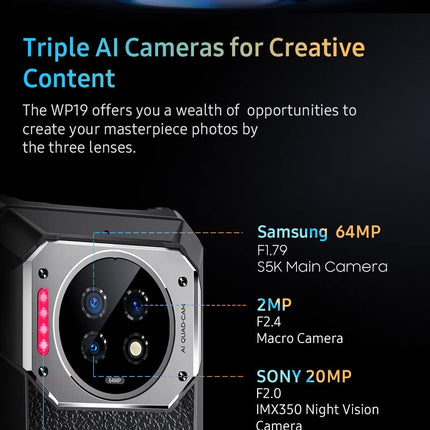 OUKITEL 21000mAh Battery Outdoor Smartphone Without Contract WP19, 64MP Triple Camera IR Night Vision, Android 12 IP68 Waterproof Shockproof Phone, Helio G95 8GB+256GB, 6.78'' FHD+, 33W Fast Charging NFC