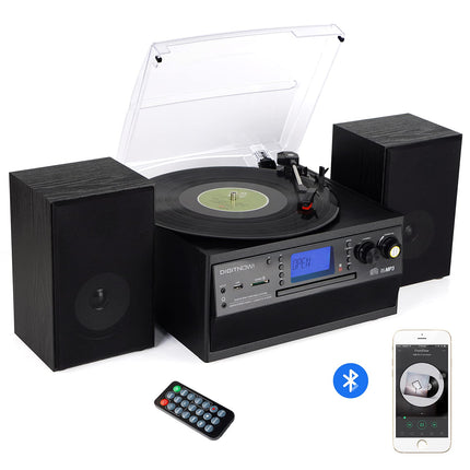 DIGITNOW! Bluetooth-vinüülplaadimängija CD, kasseti, AM/FM-raadio ja Aux-sisendi jaoks, USB-port ja SD-kaardi kodeering, kaugjuhtimispult, eraldiseisvad stereokõlarid