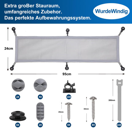 Was Windy kaablivõrgust laud kaablite haldamiseks - kaablikanali lauavõrk - paindlik kaablite organiseerimine ja peitmine lauale, 95 * 24cm, hall.