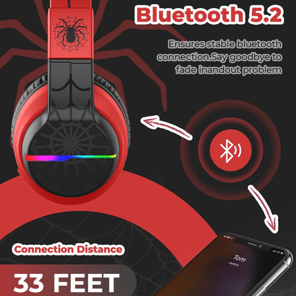 iClever Bluetooth laste kõrvaklapid, värvilised LED-tuled, kõrvapealsed laste kõrvaklapid helitugevuse piiranguga 74/85dBA, 85 tundi mänguaega, Bluetooth 5.2, sisseehitatud mikrofon, must/punane
