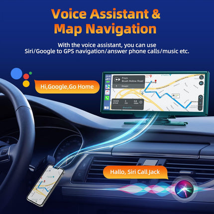 Volam 9,26-tolline Carplay ekraan 2,5K armatuurlauaga auto esikaameraga, 1080P tahavaatekaameraga, juhtmevaba Apple Carplay ja Android Autoga, Mirror Linkiga, navigatsiooniga, Google'i, Siri, FM-i, AUX-ühendusega, tsükkelsalvestusega, 64 GB SD-kaardiga