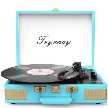 Trynnay Record Player 3-Speed ​​Bluetooth Portable Suitcase Vinyl Player with Built-in Speakers Record Player Enhanced Audio Sound PU Leather Vintage Blue