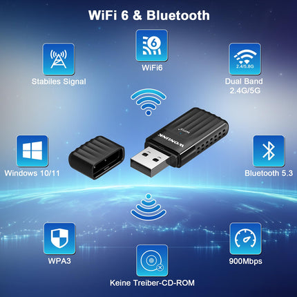 WONLINK WiFi-pulk arvutile, AX900 Bluetooth 5.3 WiFi 6 USB-adapter Dongle kahesageduslik interneti WiFi-pulk arvutile/lauaarvutile/sülearvutile, USB WiFi-adapter sisseehitatud draiveriga, ühildub Windows 11/10, WPA3-ga