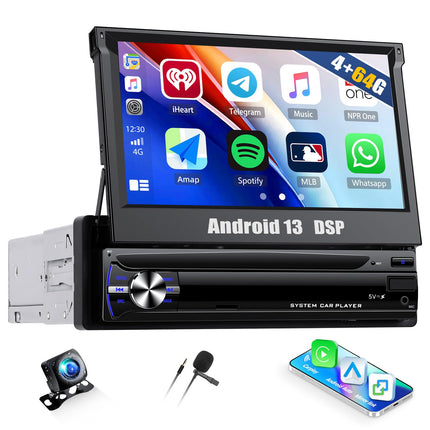 CAMECHO 4+64G 7-tolline autoraadio 1Din juhtmevaba Carplay puutetundliku ekraaniga navigatsiooniga raadio sissetõmmatav manuaalne ekraan tahavaatekaamera Bluetoothi, Android Auto, GPS, WiFi, DSP, FM/RDS, peegli link SWC