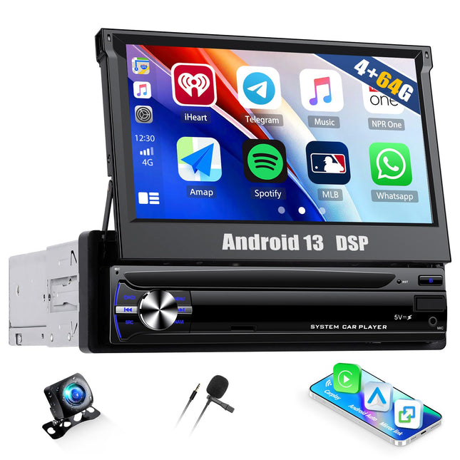 CAMECHO 4+64G 7-tolline autoraadio 1Din juhtmevaba Carplay puutetundliku ekraaniga navigatsiooniga raadio sissetõmmatav manuaalne ekraan tahavaatekaamera Bluetoothi, Android Auto, GPS, WiFi, DSP, FM/RDS, peegli link SWC