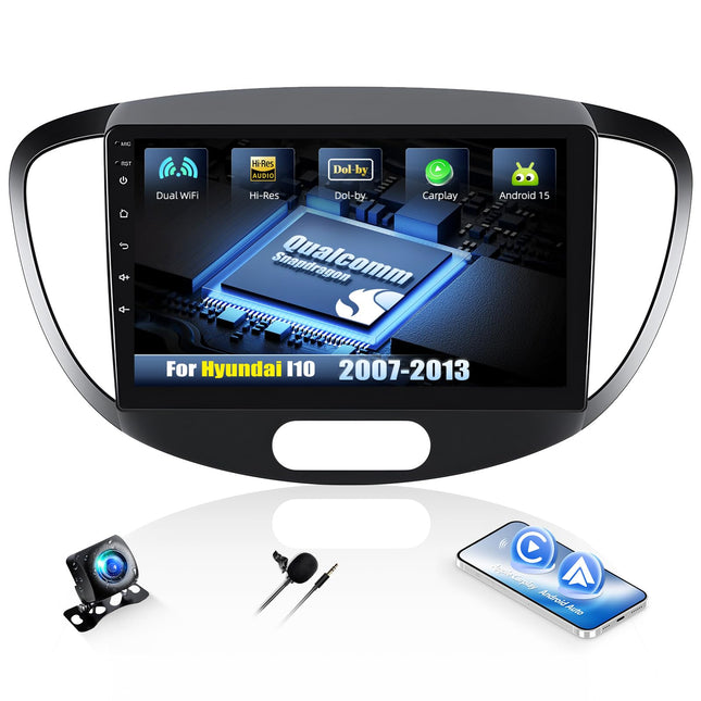 CAMECHO Android 15 Qualcomm Octa Core 4G+64G autoraadio Hyundai I10 2007-2013 jaoks koos Carplay Android Auto navigatsiooniga Kahekordne WiFi 9-tolline IPS-ekraan Navigatsiooniga Bluetooth5.1 Hi-Res FM/RDS+AHD tahavaatekaamera