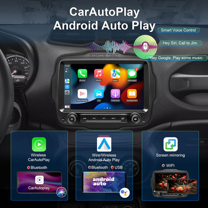 Autoraadio stereo Jeep Renegade'ile 2015 2016 2017 2018 2019 2020, Android 14, GPS, navigatsioon, 9" HD IPS QLED 720 * 1280P puuteekraan, sisseehitatud automaatne esitamine, Carplay, 4G LTE, Bluetooth 5.0 DSP SWC (4+64GB)