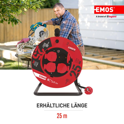 EMOS - Kaablirull 25m - 4 Schuko pistikupesa - veekindel, löögikindel, kuuma- ja külmakindel - 230V, 16A, 3680W - kummist isolatsioon - H05RR-F3G 2.5 mm² - IP44 välistingimustes kasutamiseks