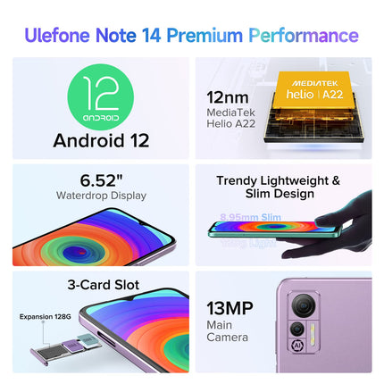 Ulefone nutitelefon ilma lepinguta, Note 14 Pro 64GB + 8GB / 128GB laiendatav mobiiltelefon odav 4500mAh 6,52-tolline ekraan 13MP + 5MP kaamera Android 12 4G kahe SIM-kaardiga 3 kaardipesa Face ID GPS OTG Type-C - lilla