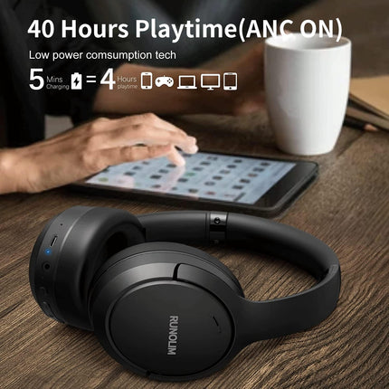 RUNOLIM Bluetooth kõrvaklapid, kõrvapealsed, aktiivse mürasummutusega kõrvaklapid, juhtmevabad Bluetooth kõrvaklapid, 70 tundi mänguaega, ANC-režiimiga, kõrglahutusega heli, sügav bass, varustatud 3,5 mm audiokaabliga