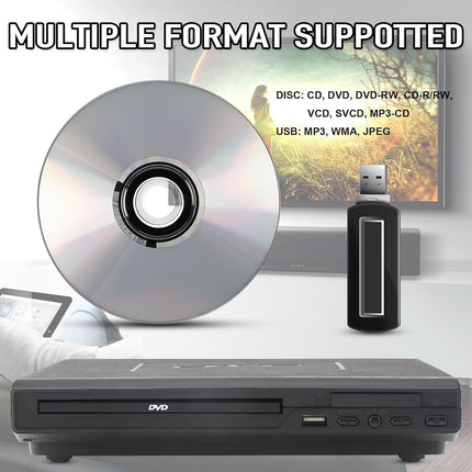NCONCO DVD-mängija, DVD-mängija, VCD-mängija telerile AV-kaabliga, CD-mängija, USB multifunktsionaalne mängija kaugjuhtimispuldiga koduse stereosüsteemi jaoks