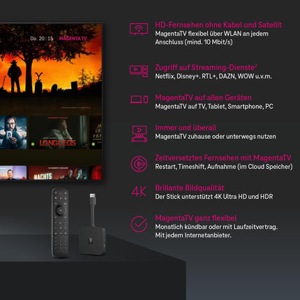 MagentaTV Stick 2. põlvkond | TV ja voogedastus WiFi kaudu | MagentaTV 160 HD-kanaliga, 4K UHD, HDR, otseülekanne ja ajanihkega video | Vootesitusteenused (Netflix, Disney+, RTL+, DAZN, Wow) ja Google Play pood