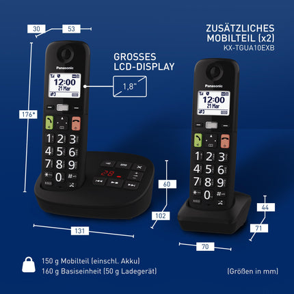 Panasonic KX-TGU133EXB digitaalne juhtmeta telefon automaatvastaja, baasjaama ja 3 käsitelefoniga, LCD-ekraan, suured nupud, lemmikute nupp, kuuldeaparaatidega ühilduv, must