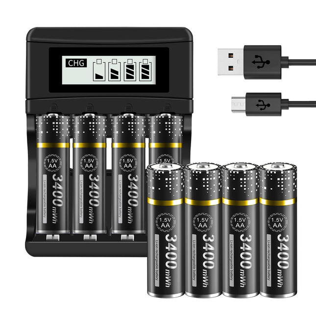 8 AA-patareid koos laadijaga - 1,5 V/liitium 3400 mWh AA-patareid Laetavad LCD-ekraaniga Kiirlaadijad Akulaadija 4 pesa liitiumioonakude Mignon AA ja Micro AAA patareide jaoks Patareid