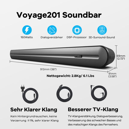 Heymell 150W 2.1-kanaliline teleri heliriba integreeritud subwooferiga, 91 cm Clear Voice'i ruumilise heli süsteem, heliriba Bluetooth HDMI ARC optiline AUX. Komplektis HDMI-kaabel