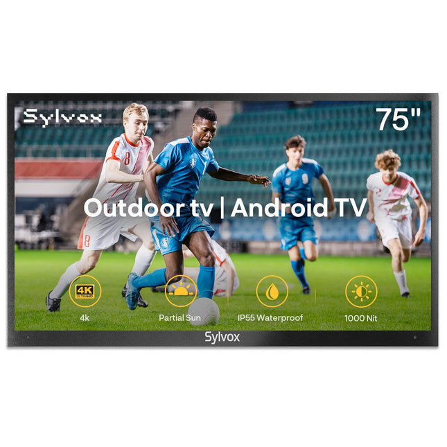 SYLVOX 75-tolline õueteler, IP55 veekindlus, 1000 nitti, 4K UHD HDR10, nutikas Android-teler Dolby Audio, DVB-T2/S2, HBBTV ja Google Assistantiga. Ilmastikukindel televiisor terrassile, aeda ja äripindadele.