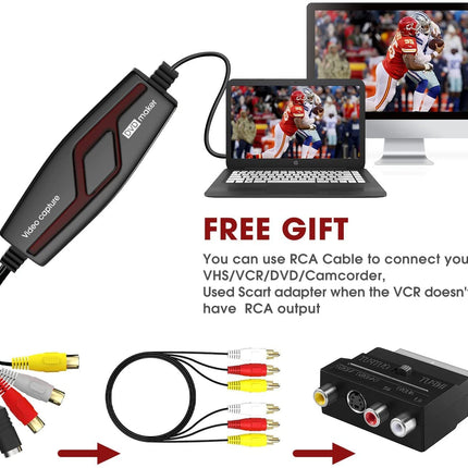 DIGITNOW! Video Grabber teisendab Hi8 VHS-i digitaalsele DVD-le Windows 10 / Maci jaoks, videokaart Scart / AV-adapteriga, ühe puutega videosalvesti - redigeeri, salvesta ja kirjuta DVD-le