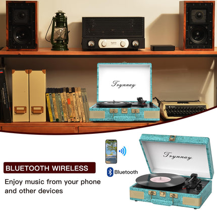 Trynnay Record Player 3-Speed ​​Bluetooth, Portable Suitcase Vinyl Player with Built-in Speakers, Record Player, Enhanced Audio Sound, Waxed Leather Retro Blue
