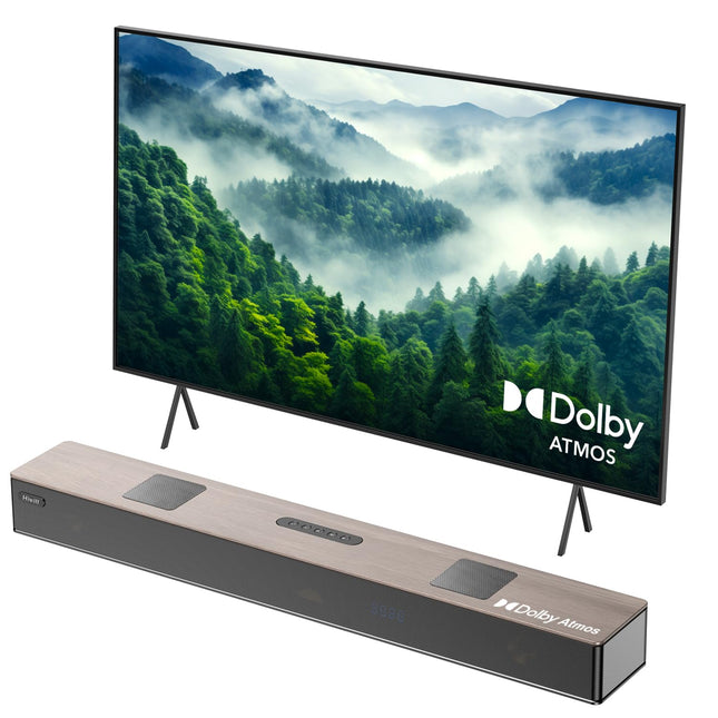 Hiwill 5.2.2-kanaliline Dolby Atmosega teleritele mõeldud heliriba, 400 W universaalne teleri heliriba kahe integreeritud subwooferiga, puidust korpusega kodukino helisüsteem, telerikõlarid, HDMI eARC/optiline/Aux