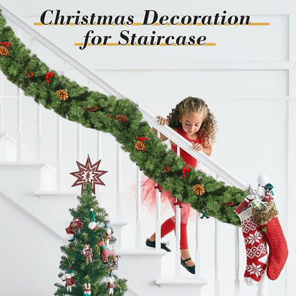 Christmas garland 270 cm, Uten fir garland with red berries and pine cones, Christmas decoration green, for door, stairs, wedding