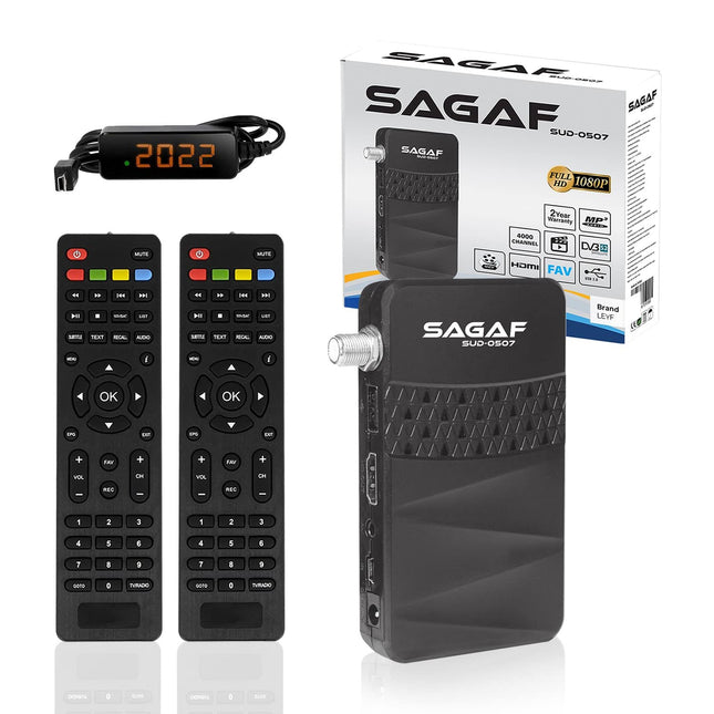 LEYF &amp; Sagaf SUD-0507 mini satelliitvastuvõtja - DVB-S2 | ARD ja ZDF SD väljalülitusvõimalusega - satelliitvastuvõtja - Full HD 1080p digitaalne vastuvõtja (HDTV, USB) Astra Hotbird Türksat + 2 kaugjuhtimispulti
