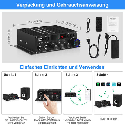 HiFi Stereo Amplifier Receiver for Home Speakers, AK-390 Bluetooth 5.0 Mini Audio Amp 2.0 Channel RMS 40W x 2 Audio Component Amplifier with 12V/5A Adapter, FM Radio, (BT, USB, AUX, Mic) Input