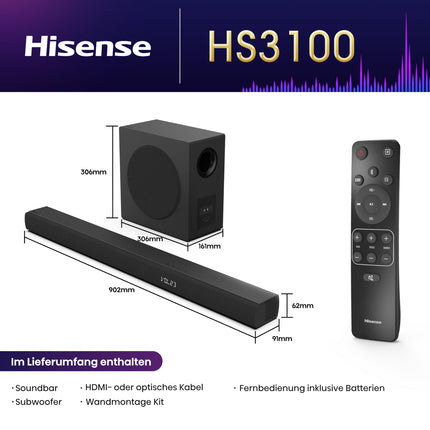 Hisense HS3100 3.1 kanaliga soundbar juhtmevaba subwooferiga, 480W, Dolby Audio, Bluetooth, HDMI ARC/optiline/AUX/USB, must
